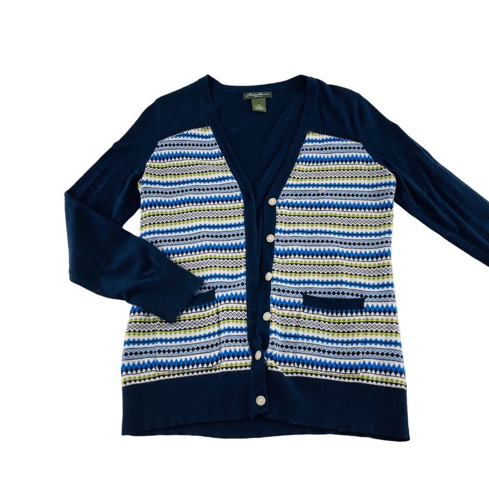 Eddie Bauer‎ Womens Cardigan Sweater L/G Fair Isle Pattern Blue Cotton
